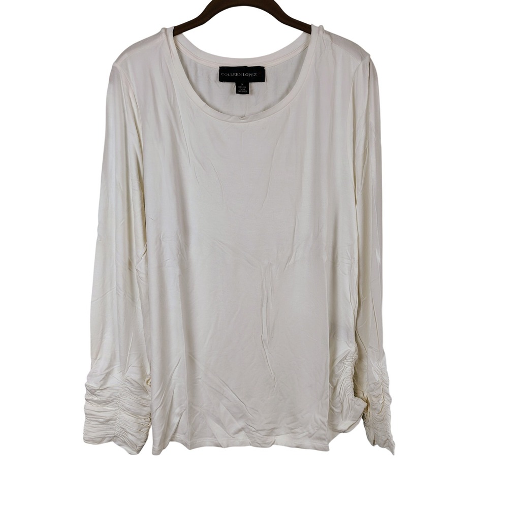 Colleen Lopez Women 1X Top Cream Rayon Spandex Ruched Cuff Long Sleeve Scoop
